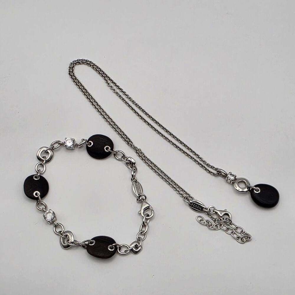 Fossil Brand 925 Chain Necklace + Bracelet w/ Rhinstones and Brown Wood Beads